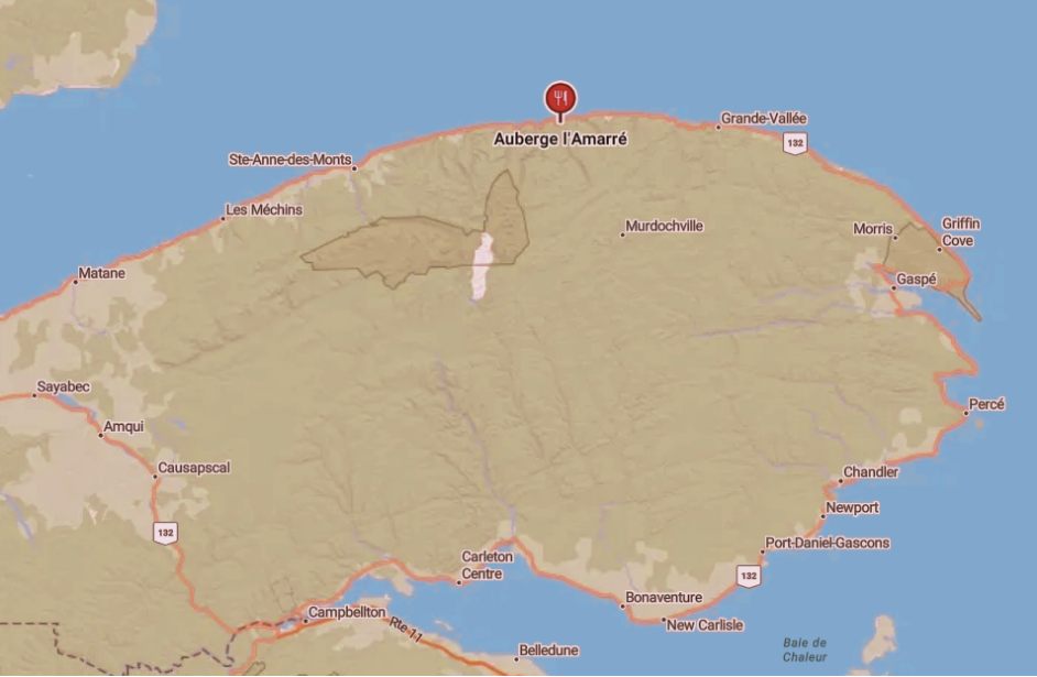 Carte de la Gaspésie situant l’Auberge l’Amarré à Mont-Louis sur la côte nord